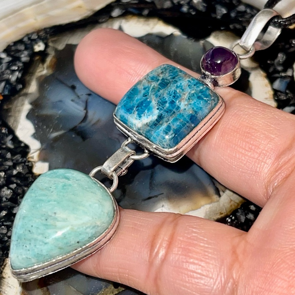 Crystal Pairing of Amethyst, Amazonite & Apatite Pendant 3 1/4”